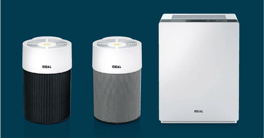 Three air purifiers made by Ideal on a blue background